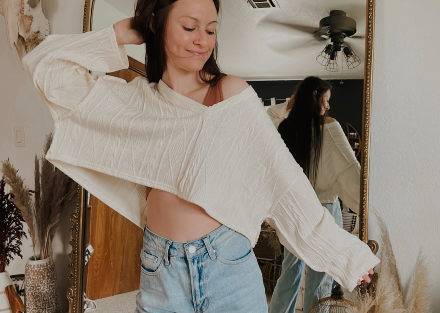 cream sweater crop